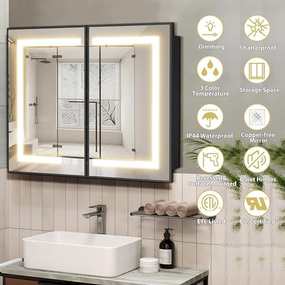 ROOMTEC 40 x 32 Inch Medicine Cabinet Mirror with LED Lights, Black Bathroom Medicine Cabinet with Mirror and Storage, Recessed or Wall Mount, 3 Color Temperature, Dimmable Light