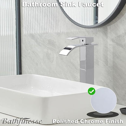 Chrome Bathroom Faucet Waterfall Vessel Sink Faucet Modern Stainless Steel | Single Handle One Hole Deck Mount,Bowl Vanity Sink Faucet,with Pop-up Drain Assembly and Supply Line,Lead-Free by Bathfinesse