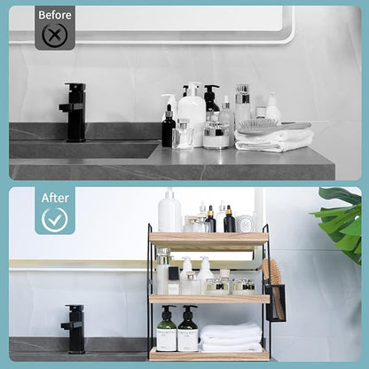 Bathroom Organizer Countertop, 3-Tier Standing Counter Shelf with Basket, Wood Tray for Kitchen Vanity Organizer