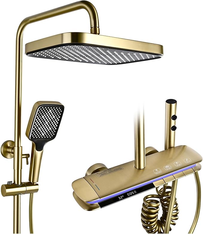 BEITH Thermostatic Shower System, 4 Piano Keys UFO Shower Faucet Set, 31x20cm Square Shower Set, Digital Display, 360° LED Ambient Light, Hydroelectric Power, with Bathtub Faucet (Brushed Gold)