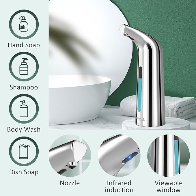 Automatic Liquid Soap Dispenser, 4-Level,13.5oz Touchless | Plastic,400ml Silver Electric Battery Operated Hand & Dish Countertop Soap Dispensers with Sensor for Bathroom,Kitchen Sink