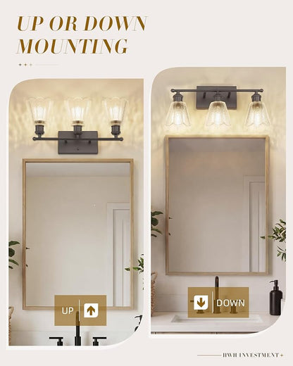 3-Light Bathroom Light Fixtures, HWH Farmhouse Sconce Wall Lighting for Mirror, Modern Wall Sconces with Clear Floral Glass, Oil-Rubbed Bronze Finish, 5HJX110B-3W ORB