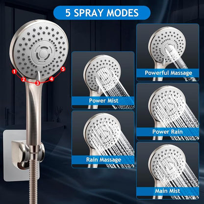 Shower Head Combo(Brushed Nickel),8 Inch High Pressure Rain Shower Head with 11 Inch Adjustable Extension Arm and 5 Settings Handheld Shower Head Combo,Powerful Shower Spray Against Low Pressure Water