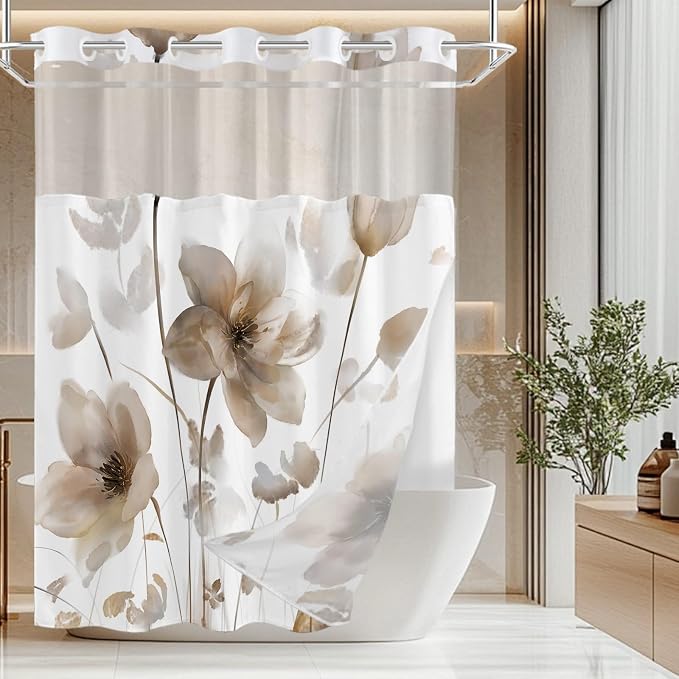 No Hook Shower Curtain and Liner Set, Brown Boho Floral 71x74 | Watercolor Boho Flower, with Snap in Liner, Waterproof, Machine Washable, Quick-Drying, for Hotel Bathroom