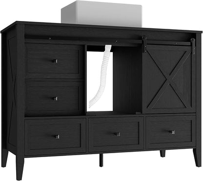 VNN Bathroom Vanity with Sink - 48 Inch Bathroom Vanity with Sink Ceramic, Freestanding Cabinet with Farmhouse Sliding Barn Door and 7 Drawers, Space-Saving Storage Cabinet, Wood Grain Texture, Black