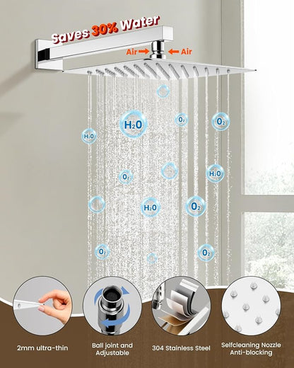 gotonovo Tub Shower Faucet Set with Valve 12'' Rain Head,Polished Chrome | Waterfall Tub Spout Shower System,Bathtub Faucet Set,SUS304 Rain Head with Handheld,Brass Valve Trim Kit,All Metal,Wall Mount