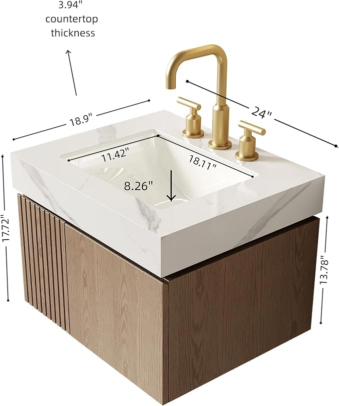 KEIKI 24 Inch Floating Bathroom Vanity with Sink, Light Brown & White | Modern Wall Mounted Storage Cabinet with 2 Doors, Pre-assembled Wood Panels, Sintered Stone Top & Ceramic Basin Combo Set