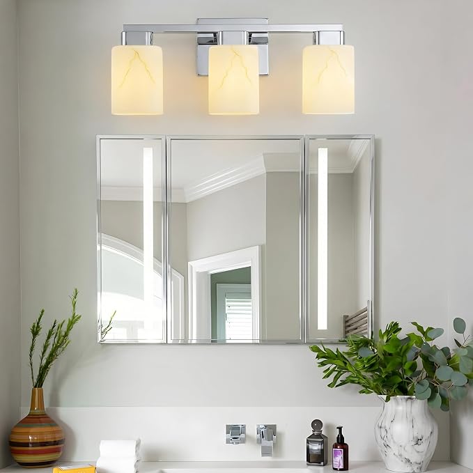 3-Light Square Bathroom Light Fixture, Chrome Modern Vanity Light with White Marble Glass Shade, for Bathroom Mirror, Living Room, Bedroom, Hallway, E26 Base