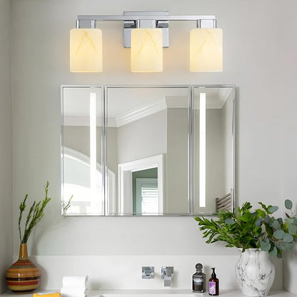 3-Light Square Bathroom Light Fixture, Chrome Modern Vanity Light with White Marble Glass Shade, for Bathroom Mirror, Living Room, Bedroom, Hallway, E26 Base