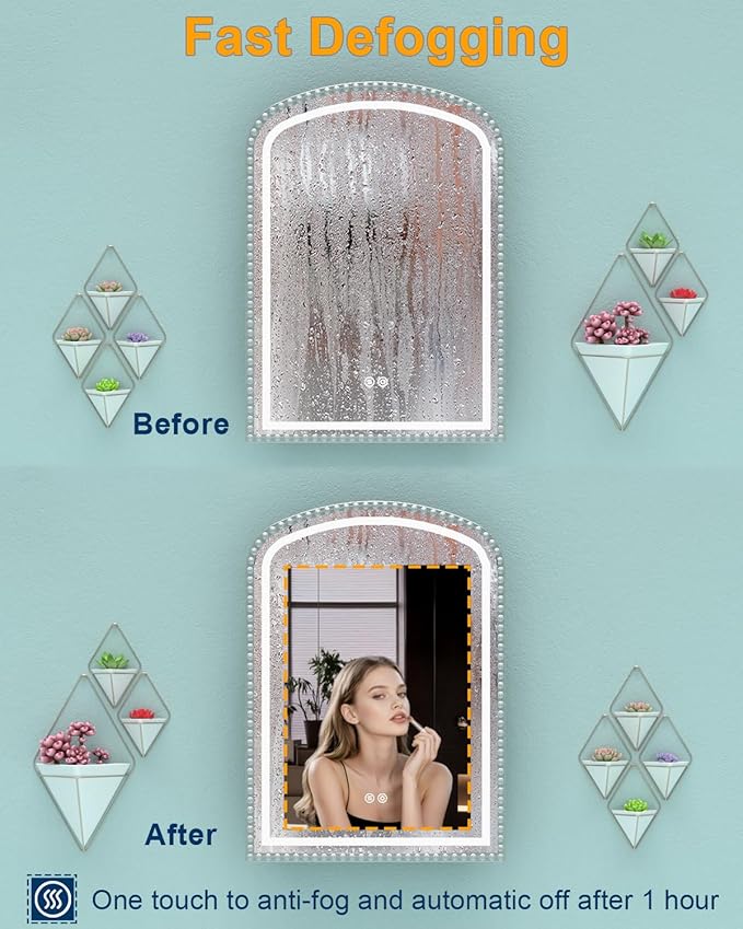 Daisy Beaded LED Medicine Cabinet with Mirror, Lighted Bathroom Mirror with Storage Full-Metal, Dimmable 3 Colors Lighting Anti-Fog and Memory Function, 1 Organizer Box, Bling Silver 20x28 Inch