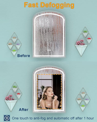 Daisy Beaded LED Medicine Cabinet with Mirror, Lighted Bathroom Mirror with Storage Full-Metal, Dimmable 3 Colors Lighting Anti-Fog and Memory Function, 1 Organizer Box, Bling Silver 20x28 Inch