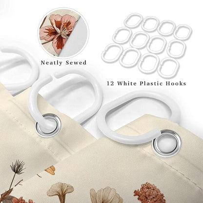 Vintage Boho Beige Floral Shower Curtain, Brown Cream Tan Rustic Farmhouse Flower Shower Curtain Set, Cute Botanical Wlidflowers Fabric Shower Curtains Decoration, 72X72 Aesthetic Bathroom Accessories