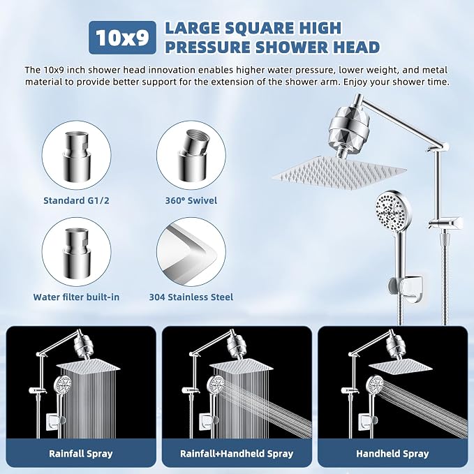 Metal Rain Filtered Shower Head with Handheld, 10" High-Pressure,10-Mode | Chrome, Rainfall Showerhead with 5" Large Handheld Powerful Wash Mode, Adjustable 16" Extension Arm/71" Hose, 20-Stage Filter