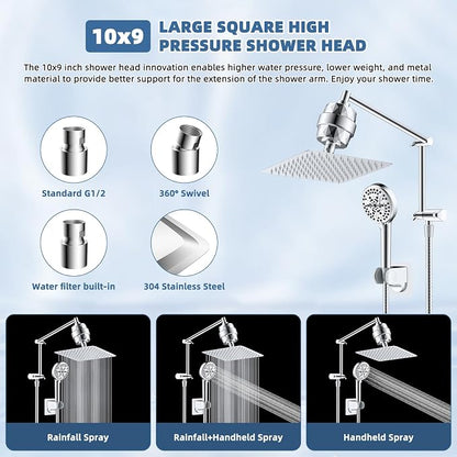 Metal Rain Filtered Shower Head with Handheld, 10" High-Pressure,10-Mode | Chrome, Rainfall Showerhead with 5" Large Handheld Powerful Wash Mode, Adjustable 16" Extension Arm/71" Hose, 20-Stage Filter