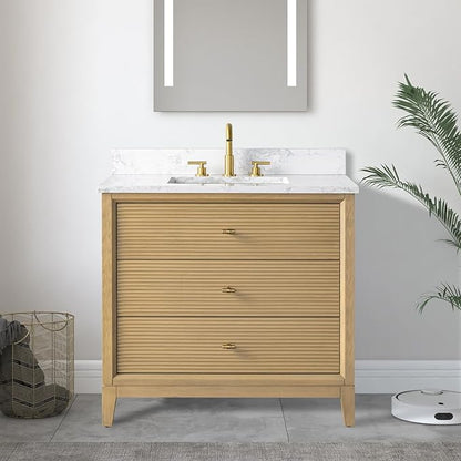Vanity Art 36" Bathroom Vanity with Single Sink & Arabescato White Engineered Stone Top, Vanity Cabinet with Soft Closing Door, Solid Wood Frame, Golden Brushed Handles, Natural Oak VA8136-NO-GB