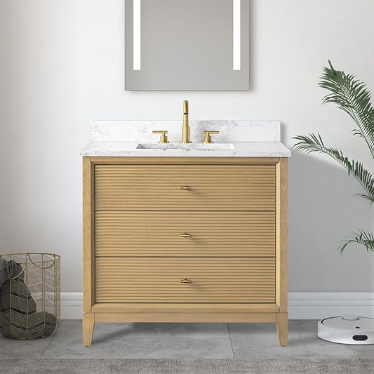 Vanity Art 36" Bathroom Vanity with Single Sink & Arabescato White Engineered Stone Top, Vanity Cabinet with Soft Closing Door, Solid Wood Frame, Golden Brushed Handles, Natural Oak VA8136-NO-GB