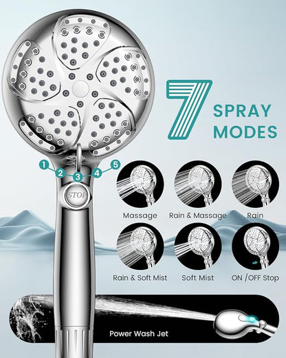 Filtered Shower Head with Handheld, High Pressure Shower Heads with Filters | 7 Mode, ON/OFF Switch for Pet Bath, Detachable ShowerHead for Hard Water, Remove Chlorine, Built-in Power Wash to Clean Tub
