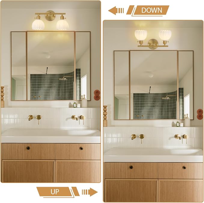 Gold 2 Light Bathroom Vanity Light,14.9in Modern Bathroom Lighting Fixtures Over Mirror with Milky White Tulip Crystal Glass Shade,Brass Vintage Vanity Lights for Bathroom Living Room Bedroom