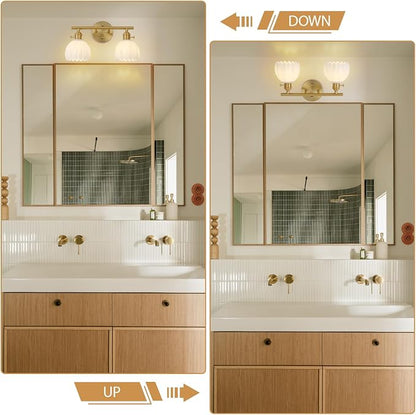 Gold 2 Light Bathroom Vanity Light,14.9in Modern Bathroom Lighting Fixtures Over Mirror with Milky White Tulip Crystal Glass Shade,Brass Vintage Vanity Lights for Bathroom Living Room Bedroom