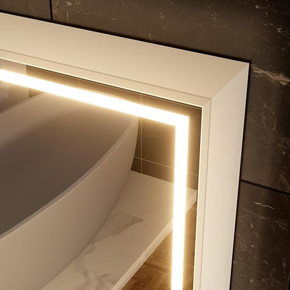 28x20 inch LED Lighted Medicine Cabinet with Mirror, Moisture-Resistant Wood, Stepless Dimmable, 3000K/5500K, Defogger, Adjustable Shelf, Flat-Pack Design – Assembly Required (White)