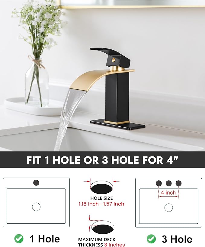 Midanya Bathroom Faucet with Waterfall Spout, Single Hole or 3-Hole Deck Mount, 304 Stainless Steel Sink Faucet with Pop-Up Drain, RV Vanity Compatible,Brushed Gold Spout/Matte Black