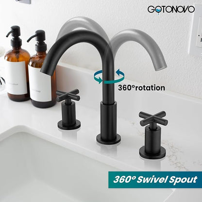 gotonovo 3 Hole Bathroom Faucet 8 inch Widespread Sink Vanity Faucet for Bathroom Sink 2 Cross Handle Deck Mount Basin with Pop Up Drain 360° Swivel Spout Matte Black