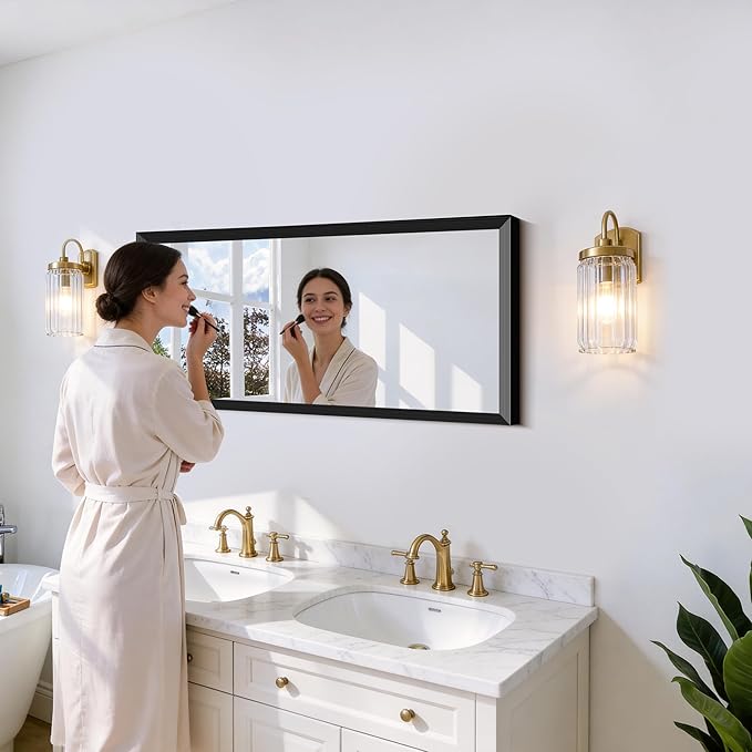 Black Bathroom Mirror 20 x 48 Inch Rectangle Wave Beveled Frame for Wall Bathroom Vanity Mirror for Over Sink, Tempered Glass,for Entryway Hangs, Bathroom Living Room Horizontal or Vertical