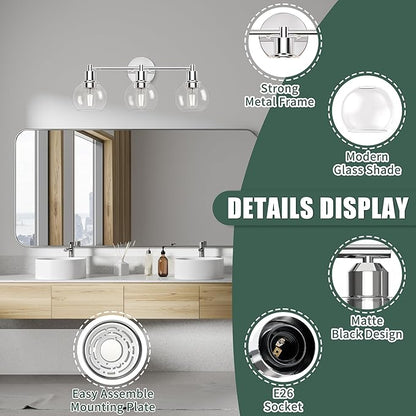 Espird 3 Lights Bathroom Vanity Light Fixtures Chrome, Bathroom Lights Over Mirror, Industrial and Farmhouse 3 Light Wall Sconce, Polished Chrome Globe Vanity Lighting Fixtures