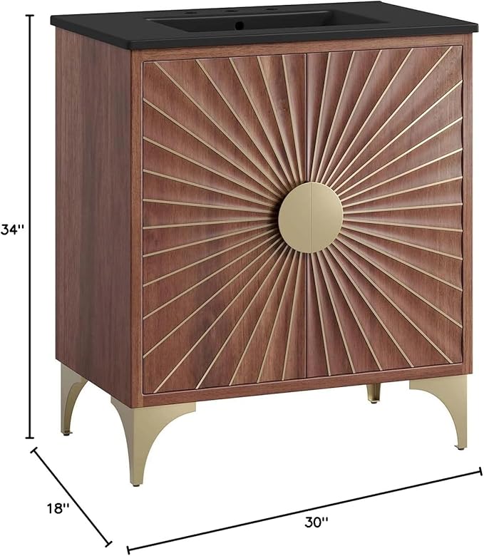 Modway Daylight Bathroom Vanity Cabinet with Ceramic Sink Basin, 30 Inch, Black Walnut