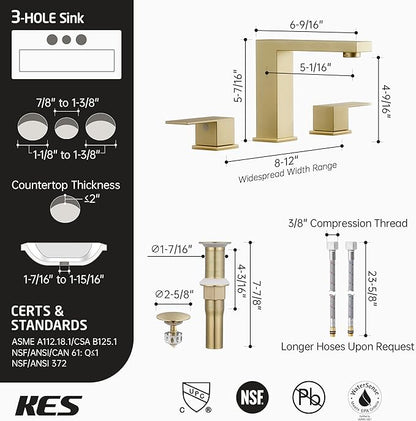 KES Gold Bathroom Faucet 3 Hole, 8-inch Widespread Brushed Gold Sink Faucet for Bathroom Vanity 2 Handle, with Metal Pop Up Drain No Overflow and cUPC Supply Line, L4350LFF12-BZ-C2