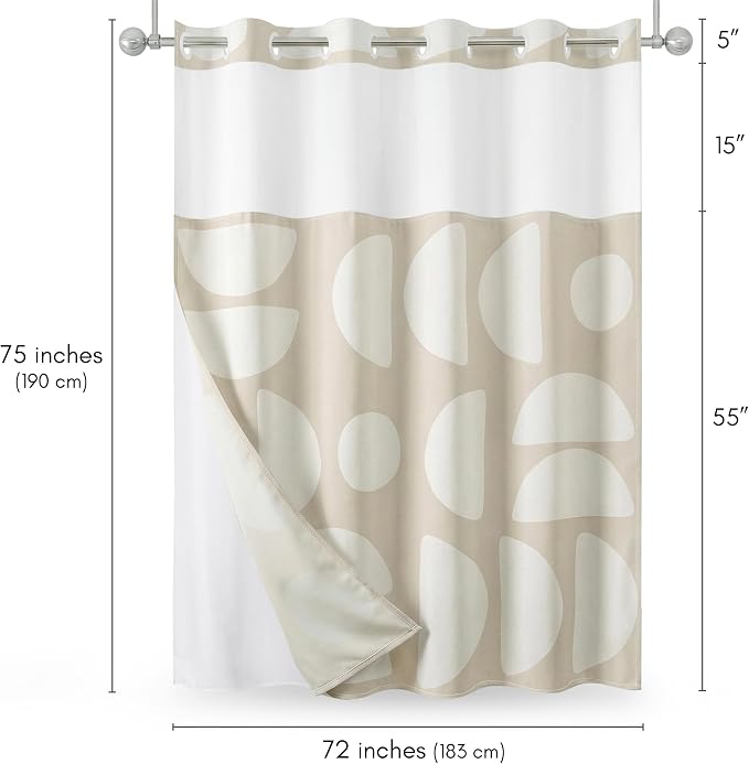 Americanflat 72x75 Hookless Shower Curtain - Water-Resistant Modern Shower Curtain with Sheer Panel, Snap-in Liner, and Durable Grommets - 100% Polyester - Warm Beige and Ivory