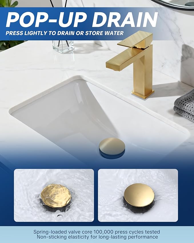 ARCORA Bathroom Sink Drain with Overflow 2 Pack, Brushed Gold Pop Up Drain Stopper Vanity Vessel Sink Clicker Drain Stopper