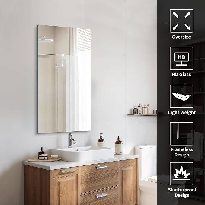 CILIBER Frameless Mirror, 20x40 Mirrors for Wall, Rectangle Bathroom Mirror for Over Sink, Frameless Vanity Mirror with Polished Edge, 3mm Tempered Glass, Hangs Horizontally or Vertically