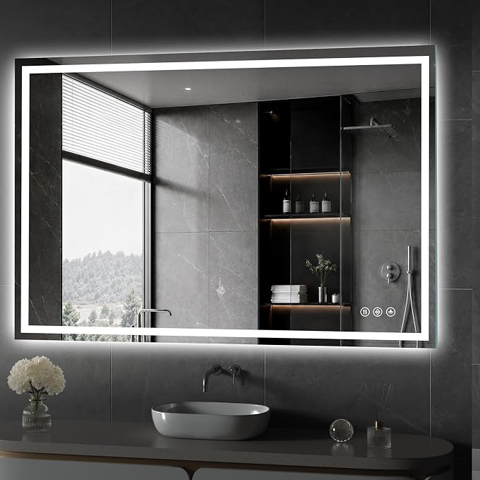 Koonmi 50x40 LED Bathroom Mirror with Light, Anti-Fog, 3 Colors | Backlit + Front Lit, Dimmable Brightness, Shatterproof HD Distortion-Free Tempered Glass, Hardware Included
