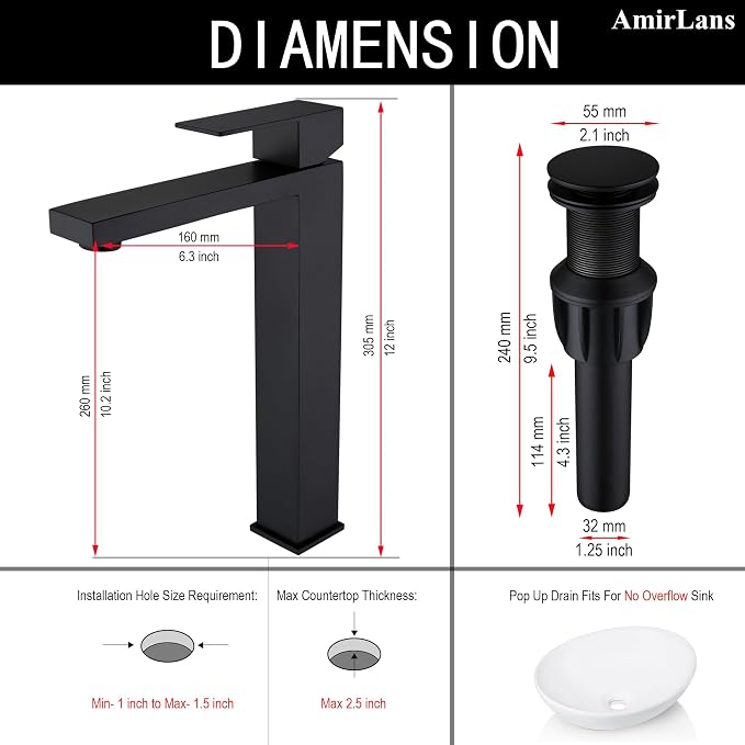 Matte Black Vessel Sink Faucet, Single Hole Tall Bathroom Faucet | Stainless Steel 1 Hole Black Matte Faucet for Bathroom Sink, Tall Vanity Faucet with Pop Up Drain