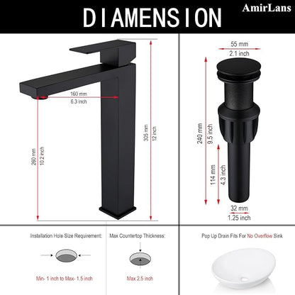 Matte Black Vessel Sink Faucet, Single Hole Tall Bathroom Faucet | Stainless Steel 1 Hole Black Matte Faucet for Bathroom Sink, Tall Vanity Faucet with Pop Up Drain