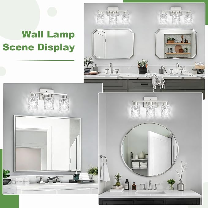 3-Light Bathroom Light Fixtures, Brushed Nickel Vanity Lights Over Mirror | Wall Sconces with Clear Textured Glass Shades for Living Room Bedroom Hallway,E26 Base (Bulbs Not Included)