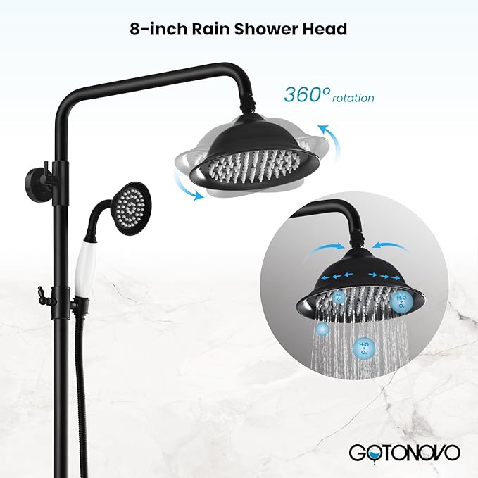 gotonovo Bathroom Exposed Shower Faucet Outdoor Shower System 8 Inch Rainfall Shower Head Set with Tub Spout and Handheld Spray Double Cross Handles Wall Mount without Shower Shelf Matte Black