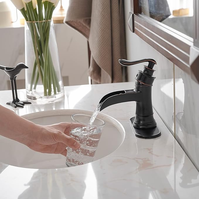 BWE Oil Rubbed Bronze Bathroom Sink Faucet with 1.2 GPM Flow Rate Waterfall Vanity Sink Faucet Single Handle Mixer Tap with Pop Up Drain Stopper Assembly Water Supply Hose