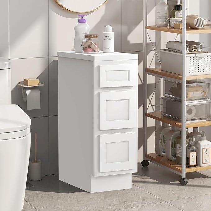 Vanity Art 12 Inch Bathroom Vanity Small Base Cabinet with 3 Soft Closing Shaker Drawers, Strudy Floor Mount Cabinets for Storage Shaving, Washroom Accessories, VA4012-3W