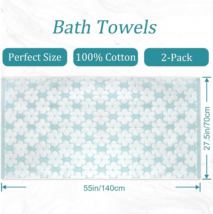 Cotton Towels for Bathroom Decor with Floral Jacquard | Super Soft and Absorbent Bath Towel Set of 2, Large Size 27.5x55 Inches