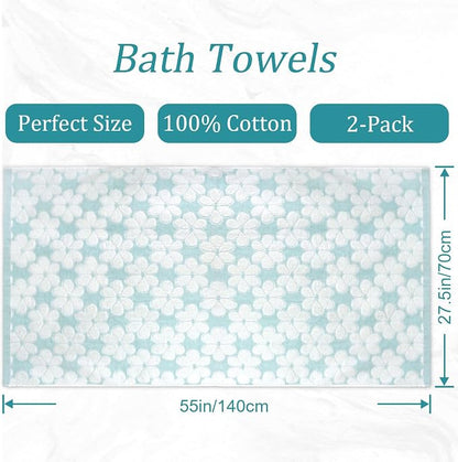 Cotton Towels for Bathroom Decor with Floral Jacquard | Super Soft and Absorbent Bath Towel Set of 2, Large Size 27.5x55 Inches