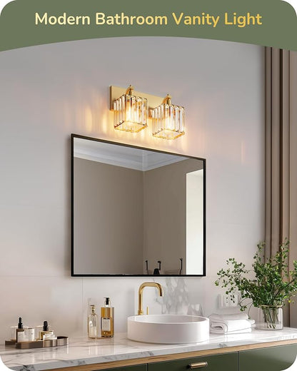 EDISHINE 2-Light Gold Bathroom Vanity Light, E26 Base, Crystal Wall Sconce | Up Down Mounting, Brass Frame, Modern Style Fits Over Bathroom Mirror & Makeup Space