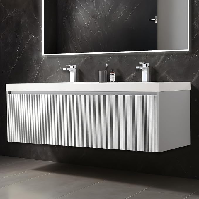 Blossom Modern 60 Inch Double Sink Vanity, Wall Mount Bathroom Cabinet with Acrylic Basin, Heirloom Grade Solid Wood Grey Vanity, Professional Grade P Trap Clearance, Scratch Resistant Floating Design