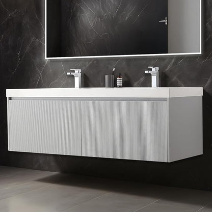 Blossom Modern 60 Inch Double Sink Vanity, Wall Mount Bathroom Cabinet with Acrylic Basin, Heirloom Grade Solid Wood Grey Vanity, Professional Grade P Trap Clearance, Scratch Resistant Floating Design
