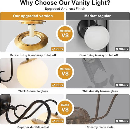 3 Lights Vintage Bathroom Vanity Light Fixtures Over Mirror, Matte Black Vanity Lights For Bathroom With Milk White Glass Globe Shade, Wall Lights For Bedroom, Hallway, Dressing Table(Includ G9 Bulbs)