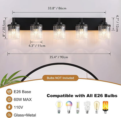 5-Light Black Bathroom Vanity Light, Crystal Glass Shades | Modern Wall Lighting Fixtures Over Mirror, for Bathroom, Matte Black Finish, Rust-resistant Metal, Farmhouse Industrial Style