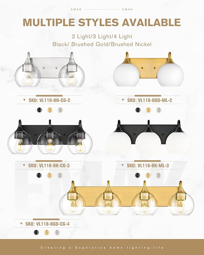 Emak 29 Inch Black Vanity Lights with Milk Glass Shade, 4-Light Bathroom Light Fixtures Over Mirror, Modern Farmhouse Globe Wall Sconces for Bathroom, Mirror, VL118-BK-ML-4