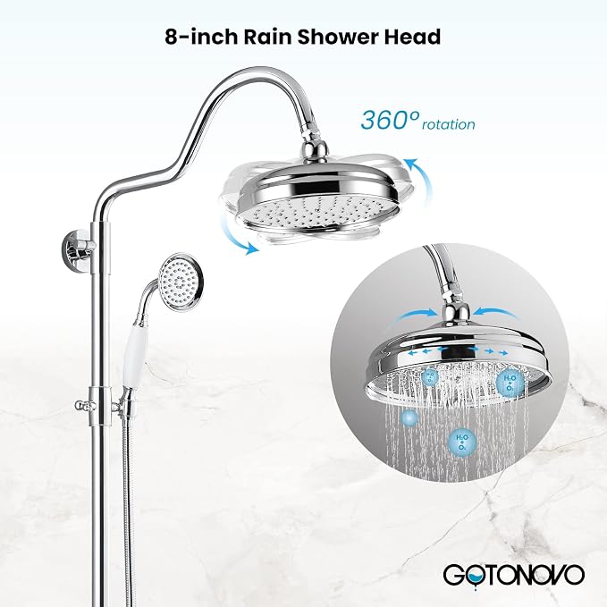 gotonovo Exposed Bathroom Shower System Two Cross Handle Polished Chrome | Vintage Brass Tub Shower Faucet Set,8’’ Rain Head with Handheld Spray,Swivel Tub Spout,6’’ Hole Distance,Adjustable Height