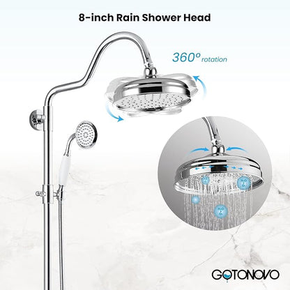 gotonovo Exposed Bathroom Shower System Two Cross Handle Polished Chrome | Vintage Brass Tub Shower Faucet Set,8’’ Rain Head with Handheld Spray,Swivel Tub Spout,6’’ Hole Distance,Adjustable Height
